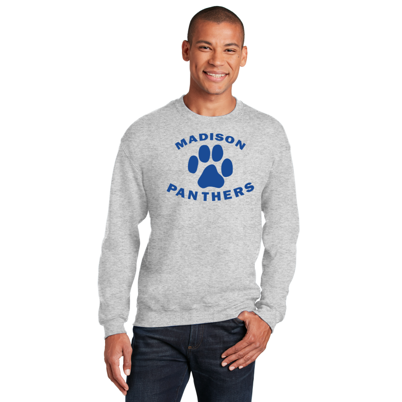 18000, MADISON, Heavy Blend™ Crewneck Sweatshirt. ROYAL BLUE FULL FRON PRINT PANTHERS