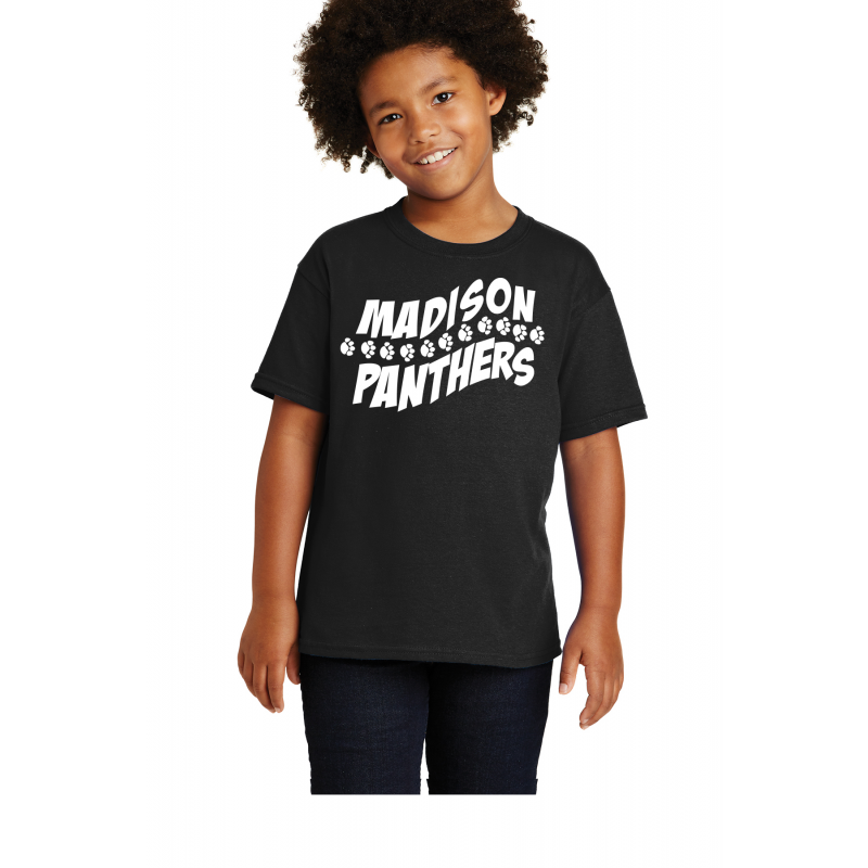 P4J, Black, MADISON Full Front Logo. White Logo,    5000B Gildan® - Heavy Cotton™ 100% Cotton T-Shirt