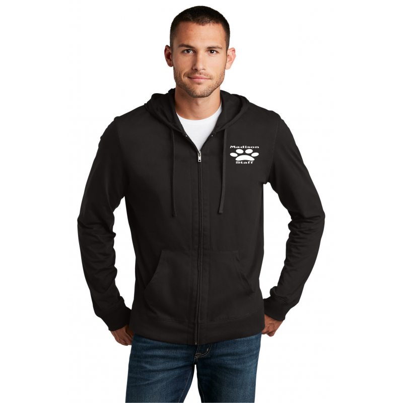   DT1100 District ® Jersey Full-Zip Hoodie; WHITE EMBR ON BLACK, BLACK EMBR ON GRAY