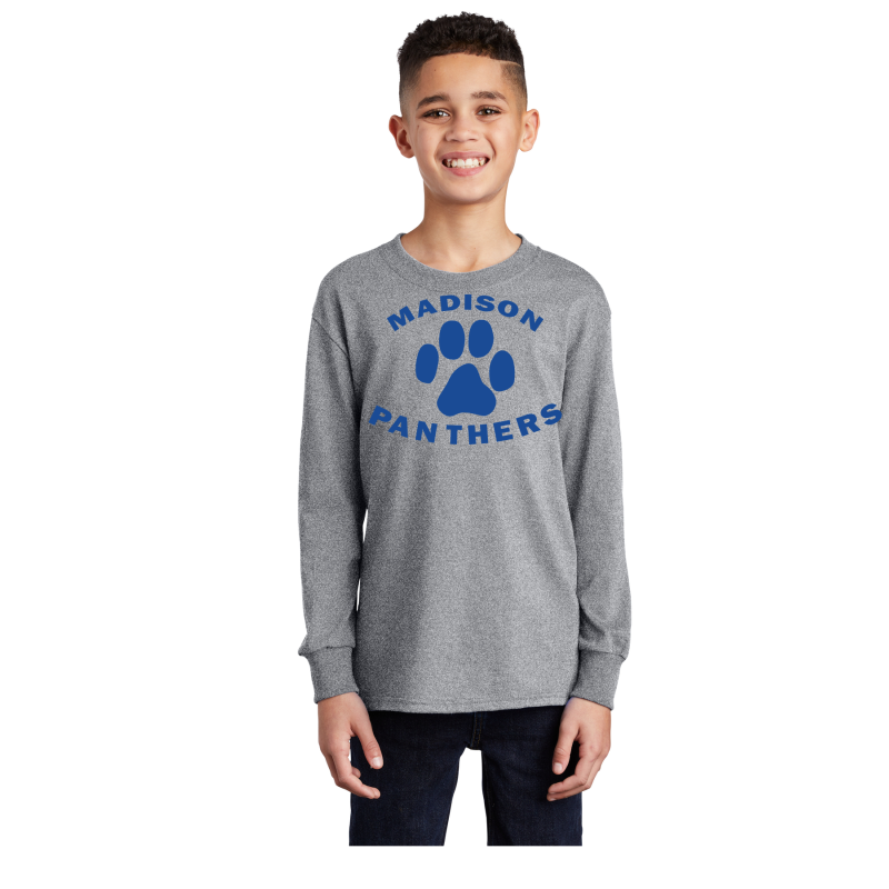   PC54YLS Port & Company® Youth Long Sleeve Core Cotton Tee; ROYAL BLUE PRINT PANTHERS